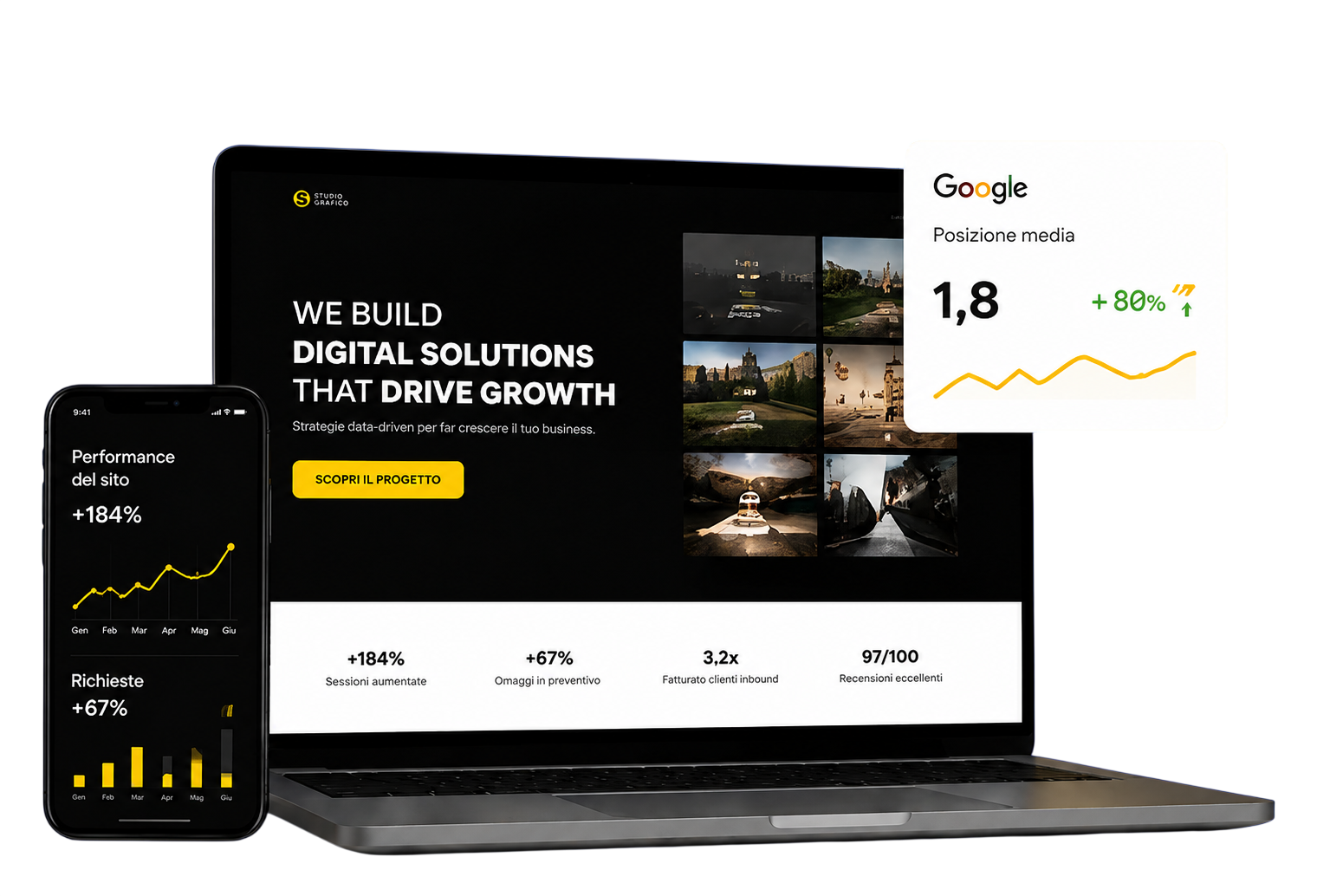 Anteprima di un sito realizzato da Social Fusion su laptop e smartphone, con il punteggio medio delle recensioni Google